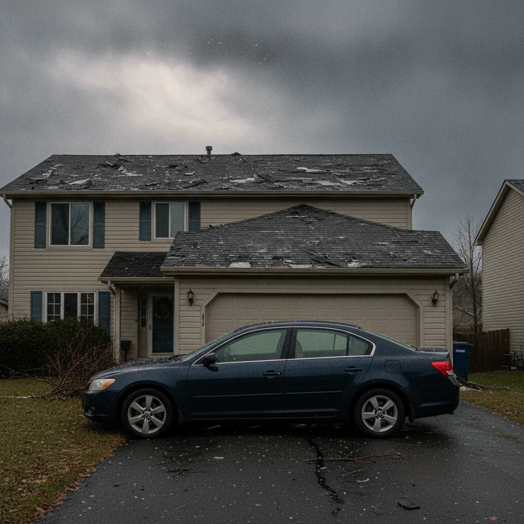 A home with roof damage and a car with hail dents parked in the driveway after a storm