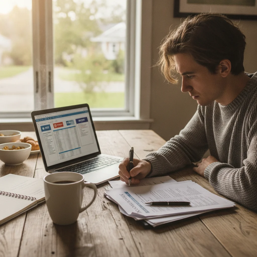 A homeowner reviewing insurance documents on a laptop at a kitchen table with coffee and notes