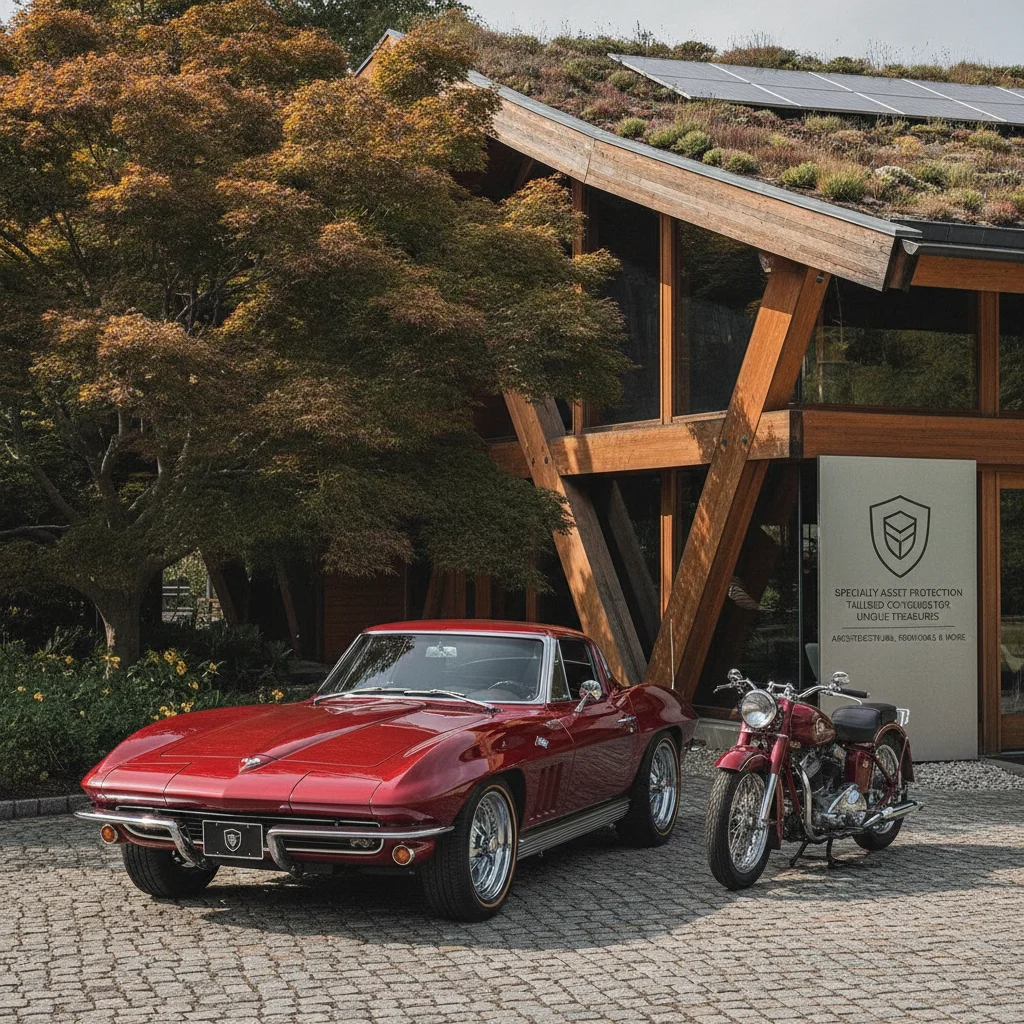 A specialty or classic car parked in front of a home illustrating cases where standard bundle policies may not apply