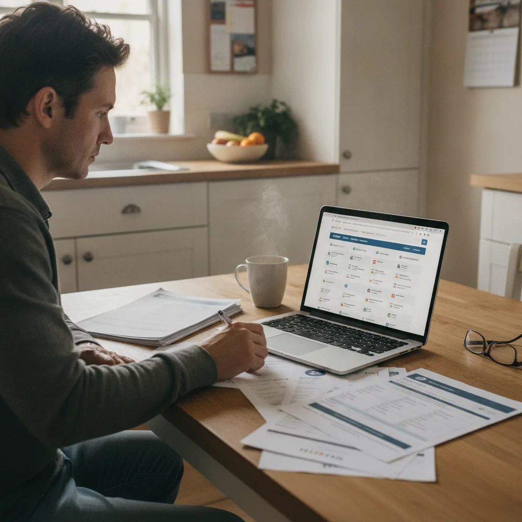 A person comparing multiple insurance quotes on a laptop at a kitchen table with printed quote sheets nearby