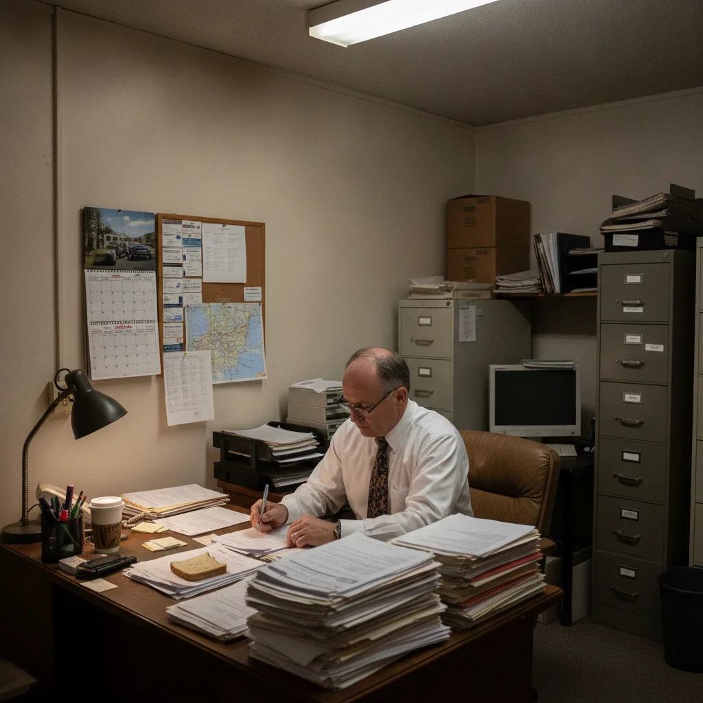 Interior of a small buy here pay here dealership finance office with paperwork on a desk