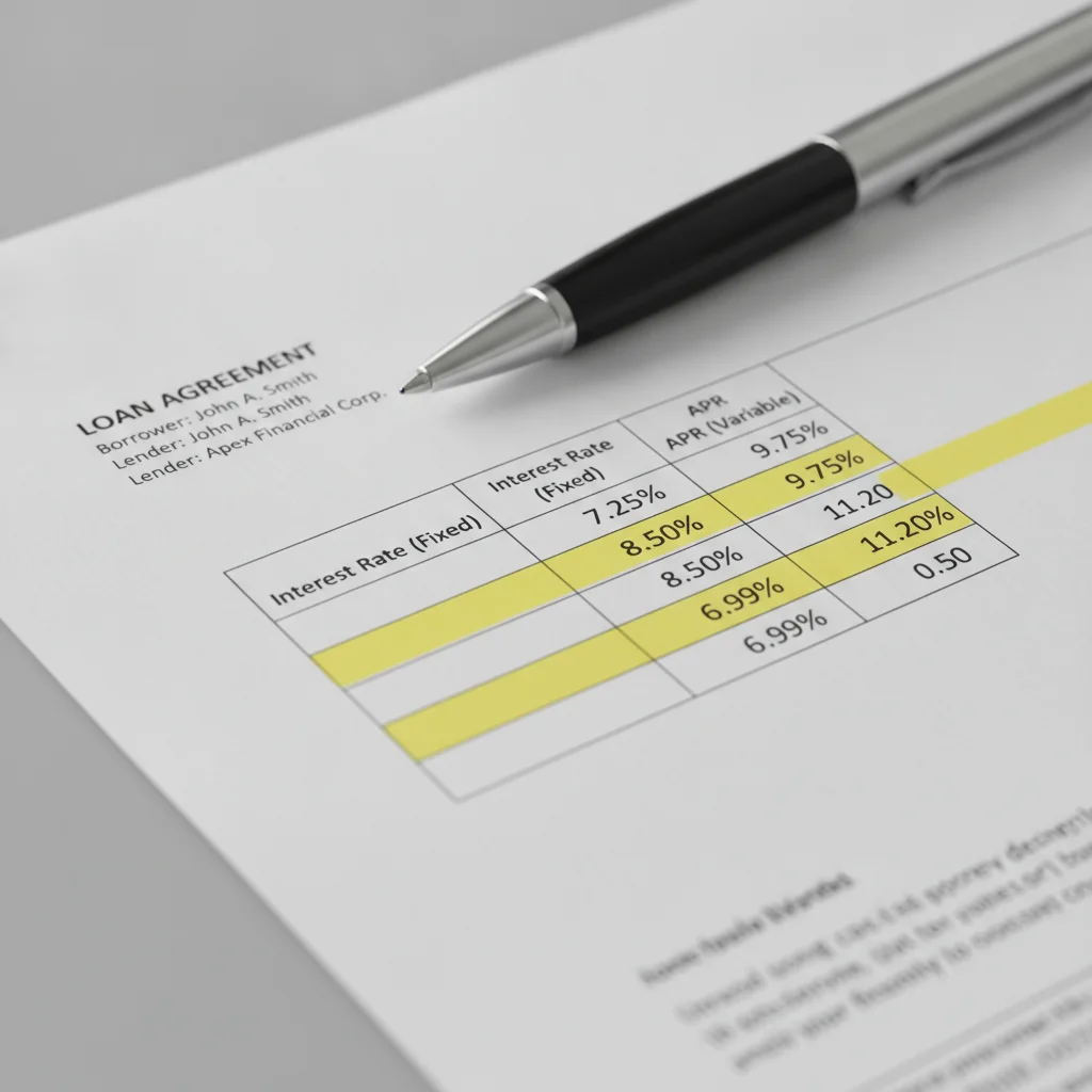Close-up of an auto loan contract with APR figures highlighted in yellow