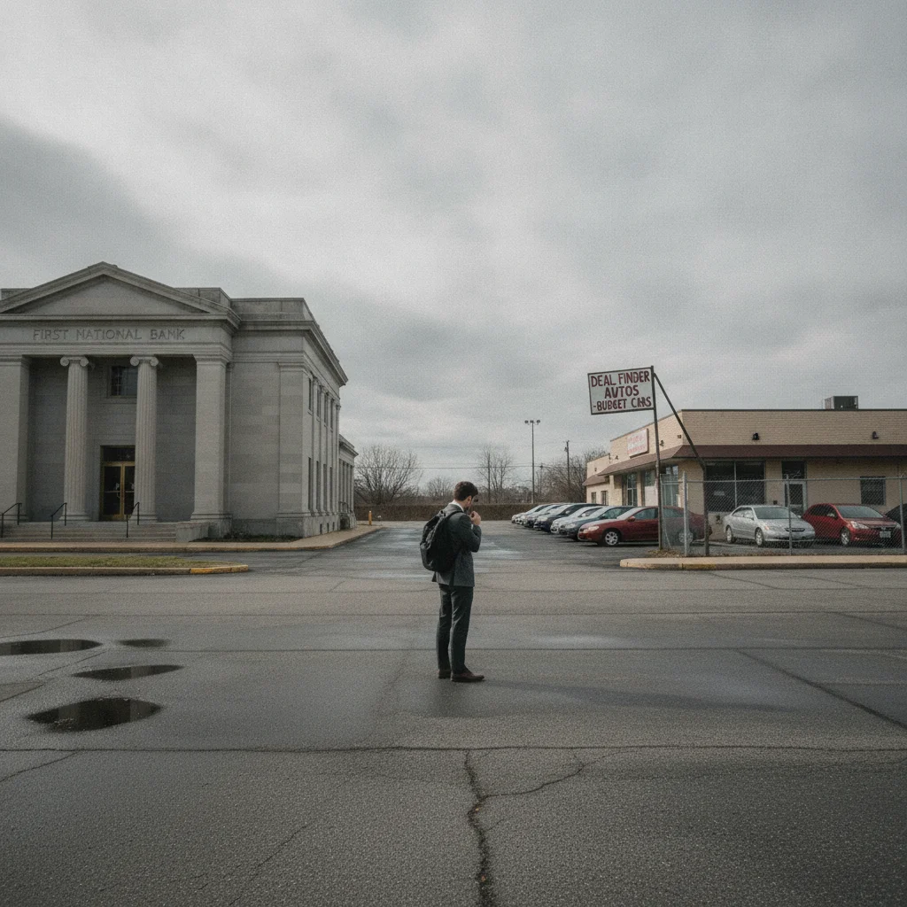 Person standing at a crossroads between a bank and a used car lot, representing a financing decision