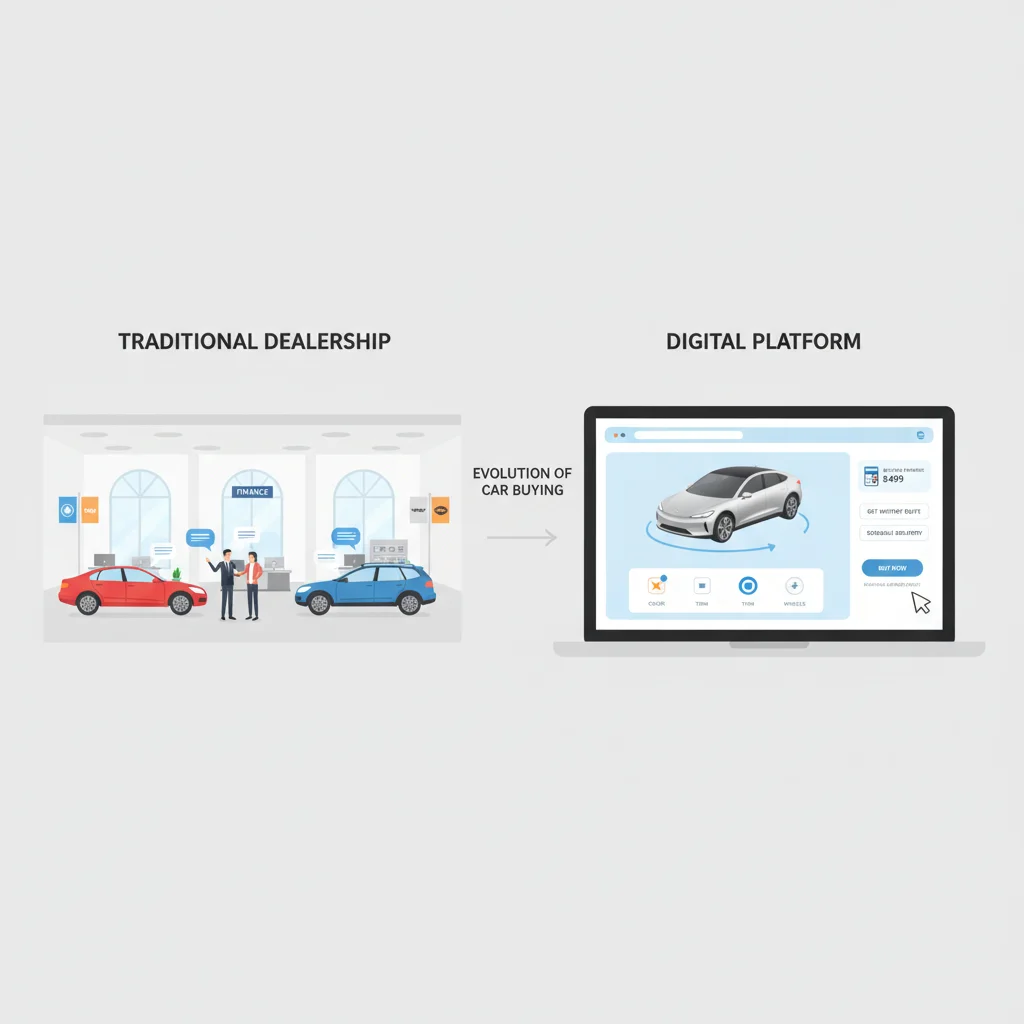 Comparison of traditional dealership car buying versus fully digital online car purchase platform
