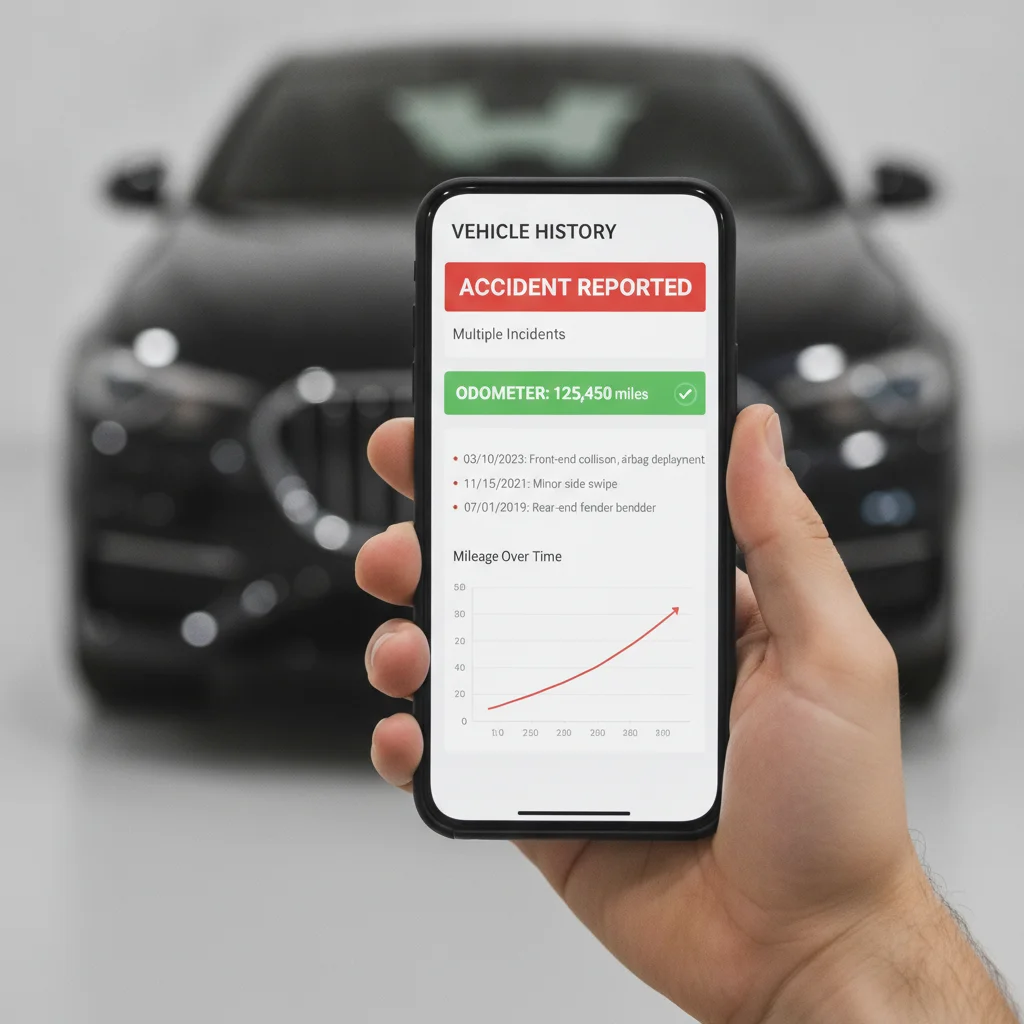 Person reviewing a vehicle history report on a smartphone before completing an online car purchase