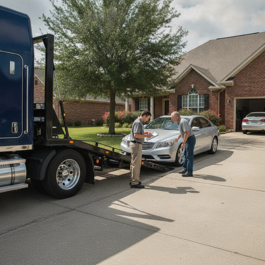 Car transport truck delivering a vehicle purchased online to a residential address