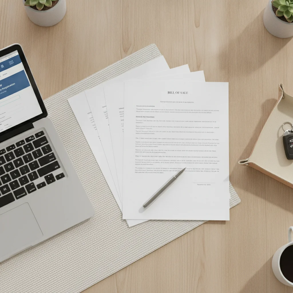 Car purchase documents, laptop with DMV registration page, and car keys arranged on a desk