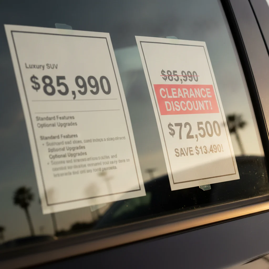 Two vehicle window stickers side by side showing different prices for current and previous model year vehicles
