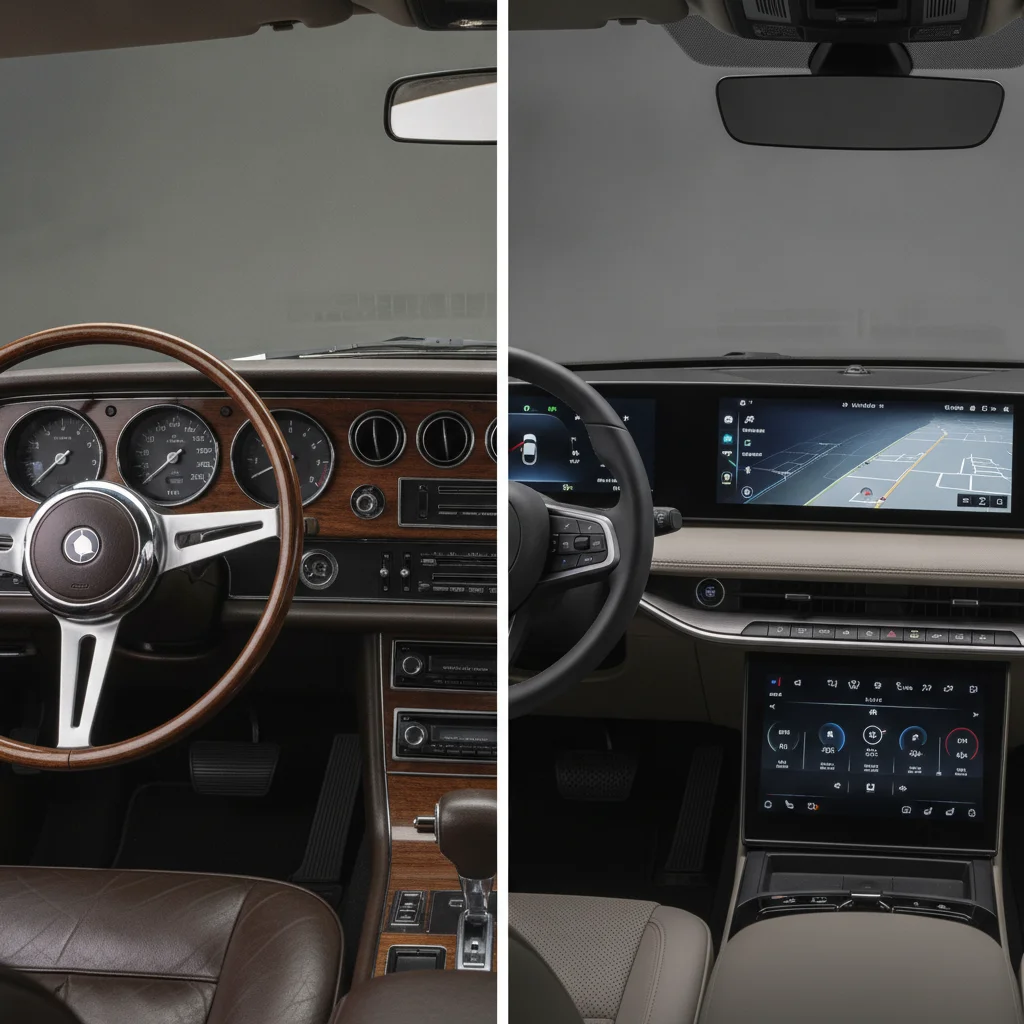 Side-by-side comparison of an older car dashboard design versus a modern redesigned interior with updated touchscreen