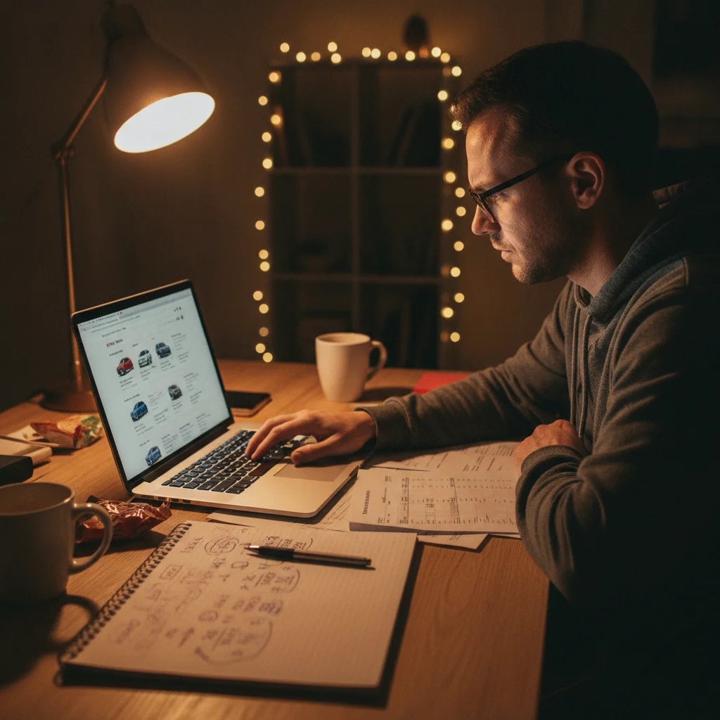 Person researching car prices and loan rates on a laptop at home before visiting a dealership