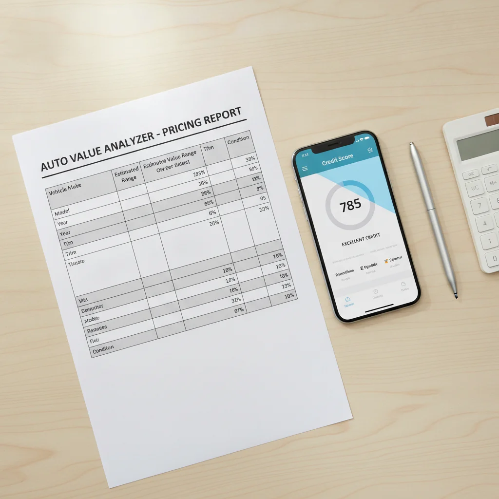 Vehicle pricing report and credit score app displayed side by side on a clean desk