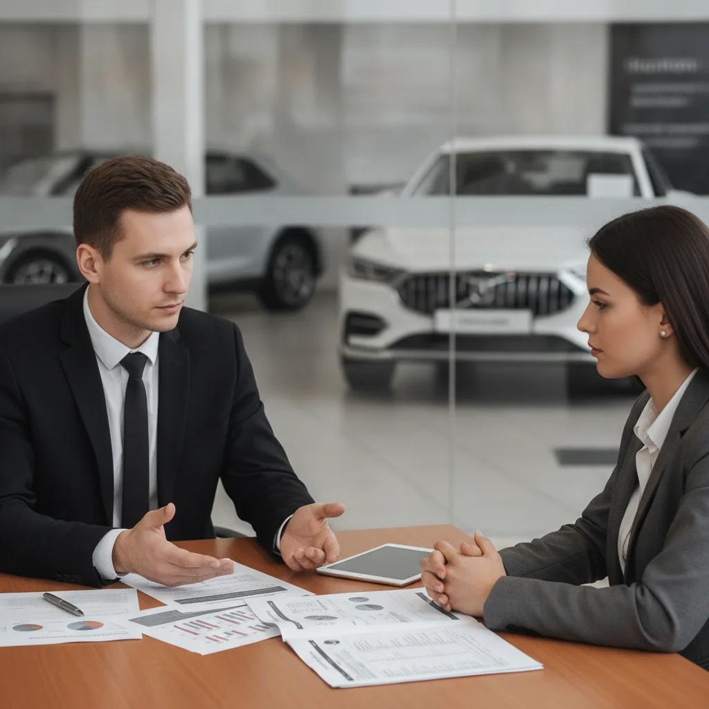 Car buyer calmly negotiating with two dealership salespeople across a desk with printed paperwork