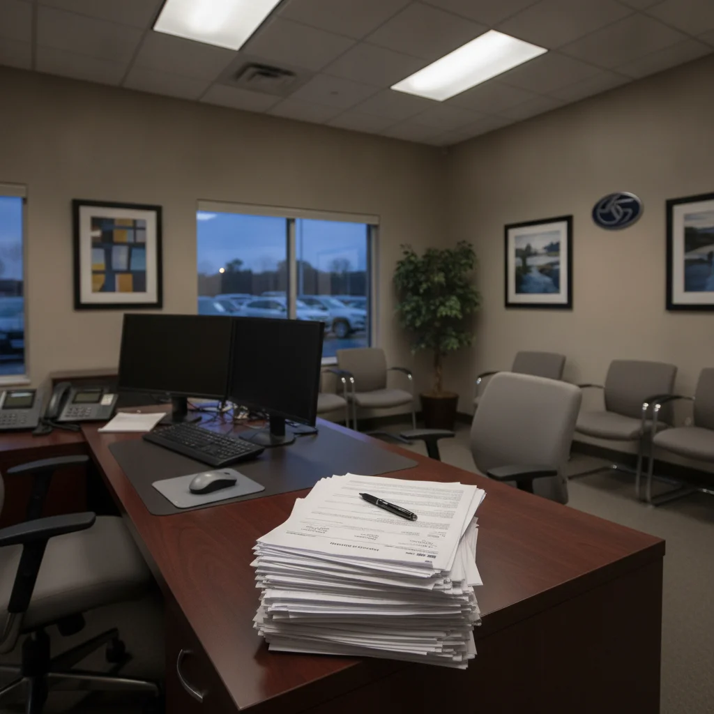 Empty dealership finance office desk with contract paperwork and pen ready for signing
