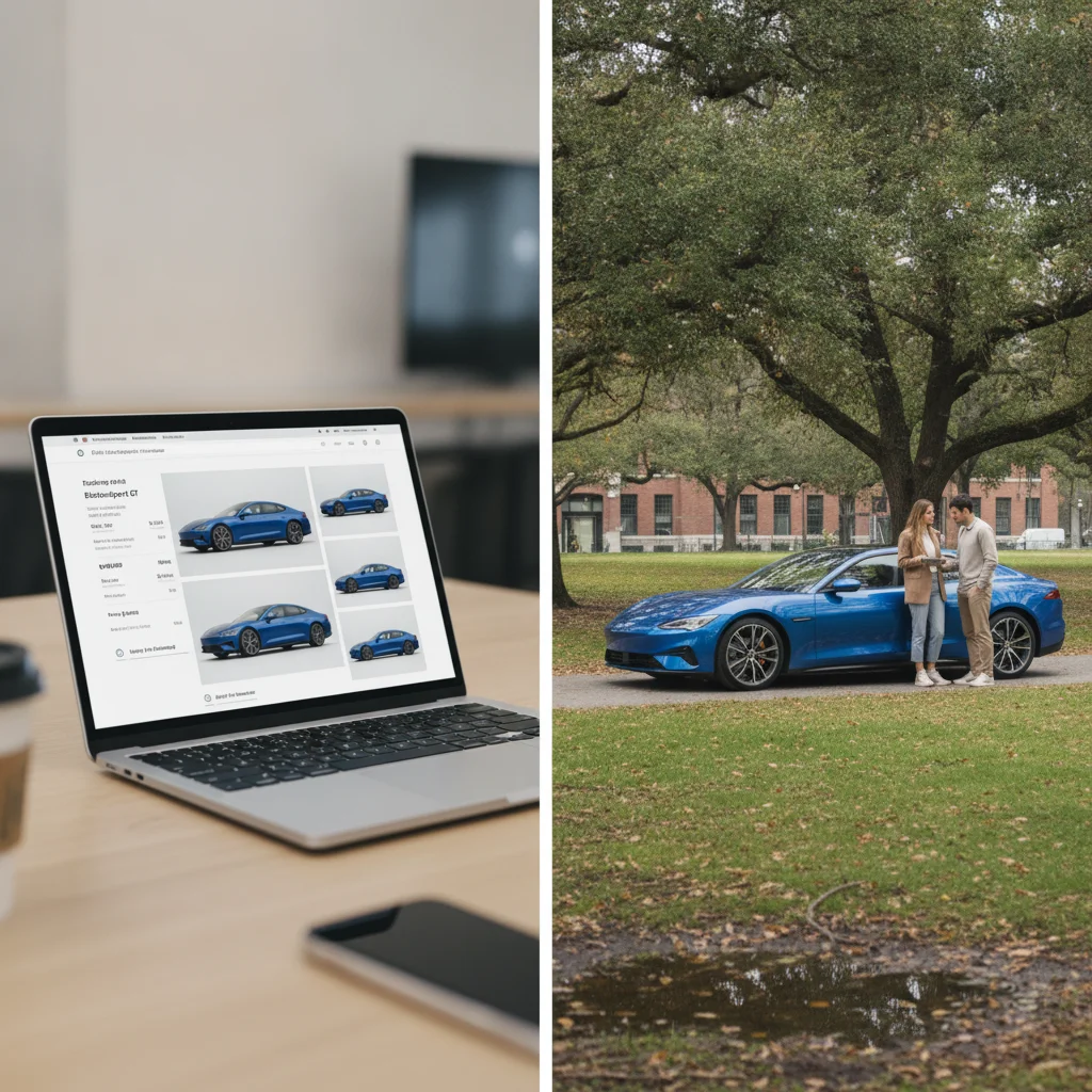 Side-by-side view of an online car listing on a laptop compared to the actual vehicle outdoors