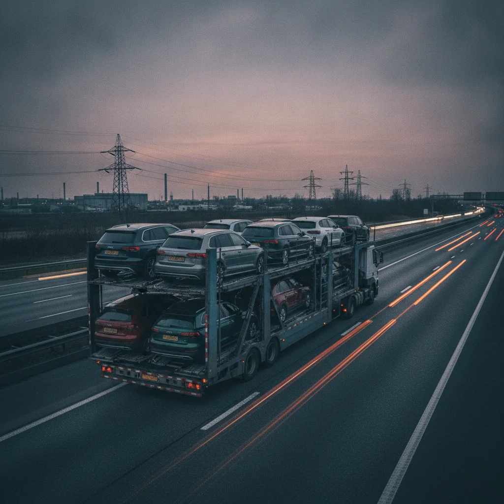 Open auto transport carrier truck loaded with multiple vehicles traveling on a highway