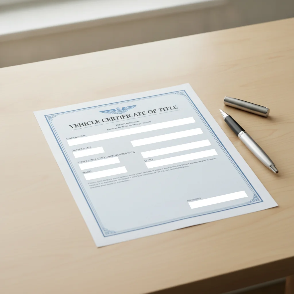 A vehicle title document on a desk with a pen ready to sign, no personal details visible