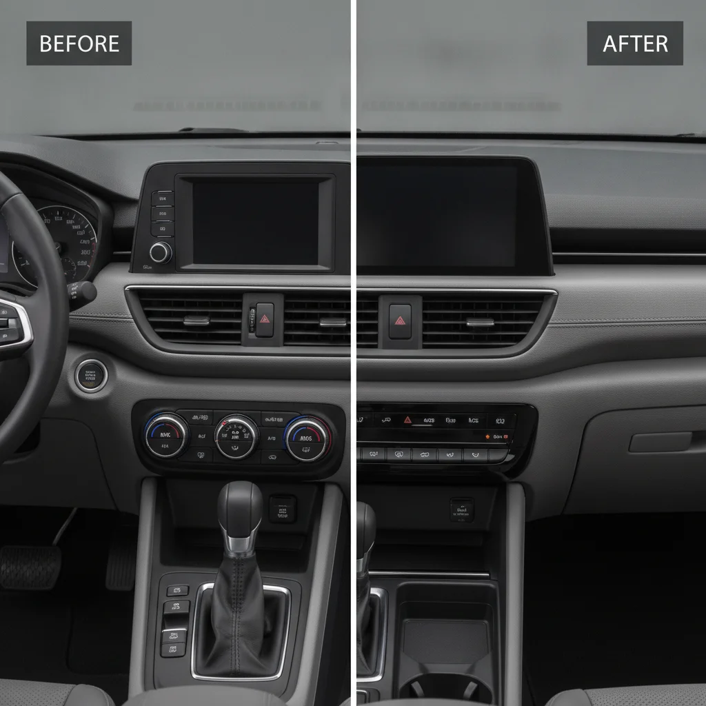 Side-by-side car dashboard interiors showing old small screen versus new large infotainment system after a refresh
