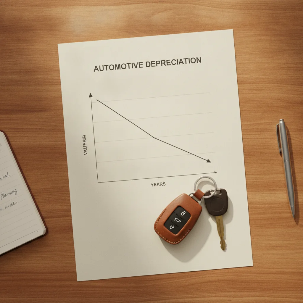 Depreciation chart on paper next to car keys illustrating vehicle value decline over time