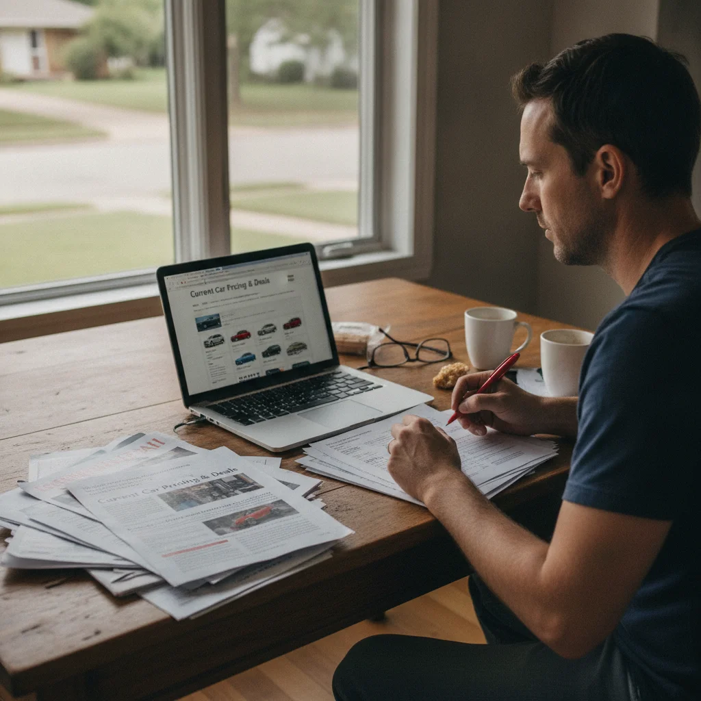 Person researching car pricing data on a laptop and printed pages to identify an upcoming model refresh
