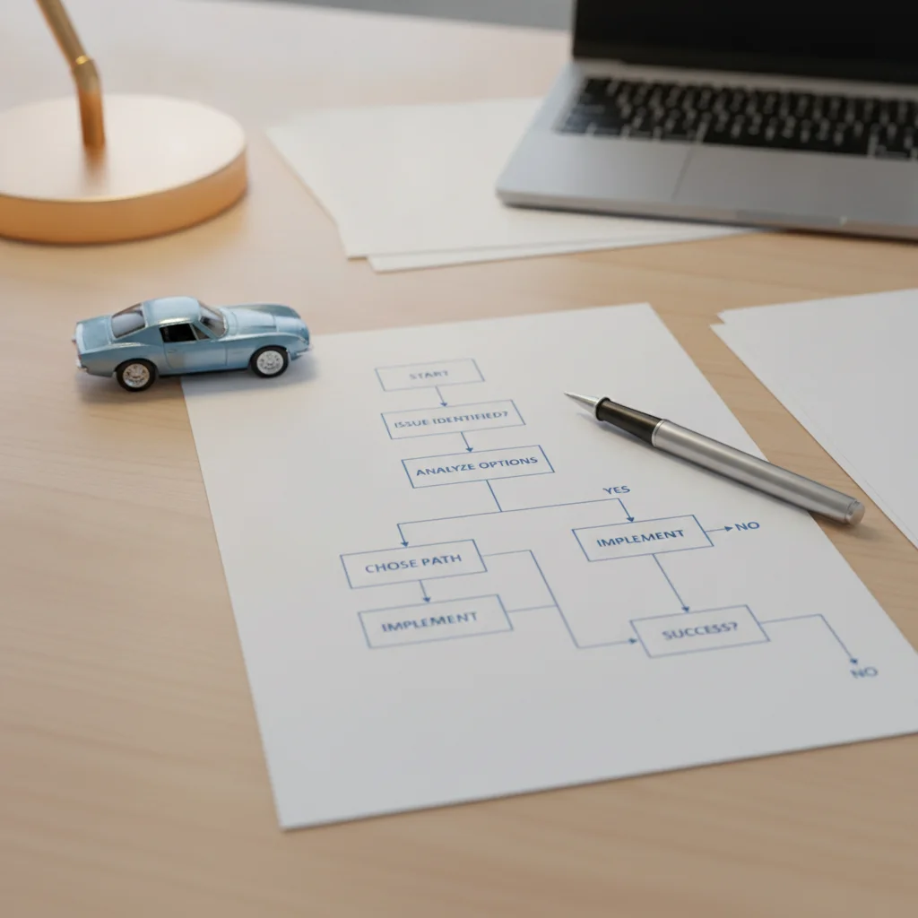 Decision flowchart on paper with a pen and small car model representing the car buying decision process