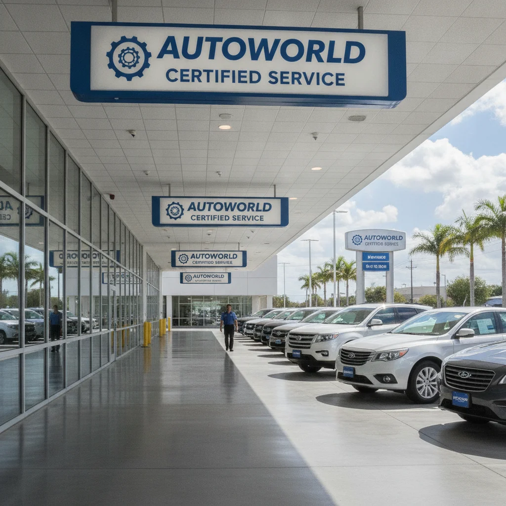 A franchise dealership service drive with branded signage and a row of certified pre-owned vehicles.