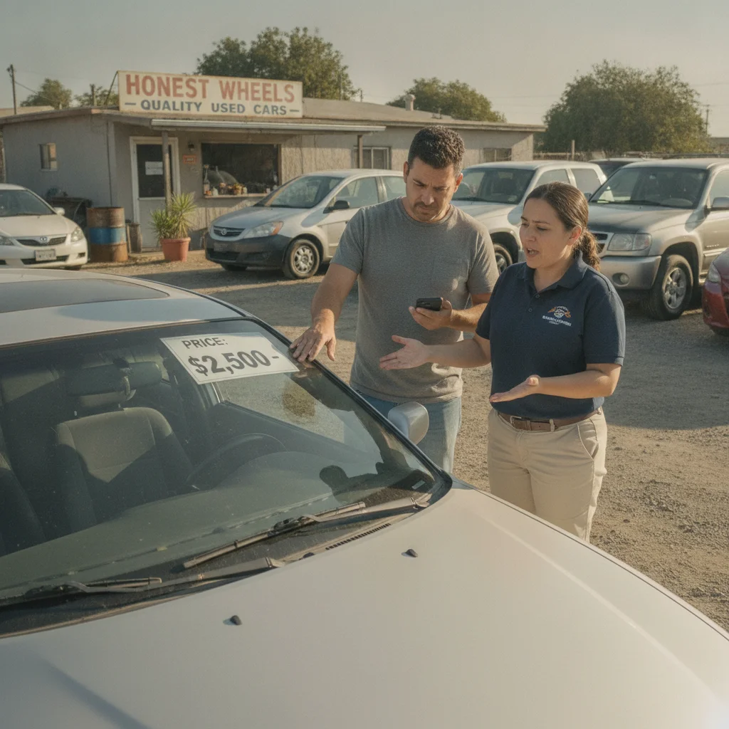 A buyer negotiating price with a salesperson at an independent used car lot with windshield price sticker visible.