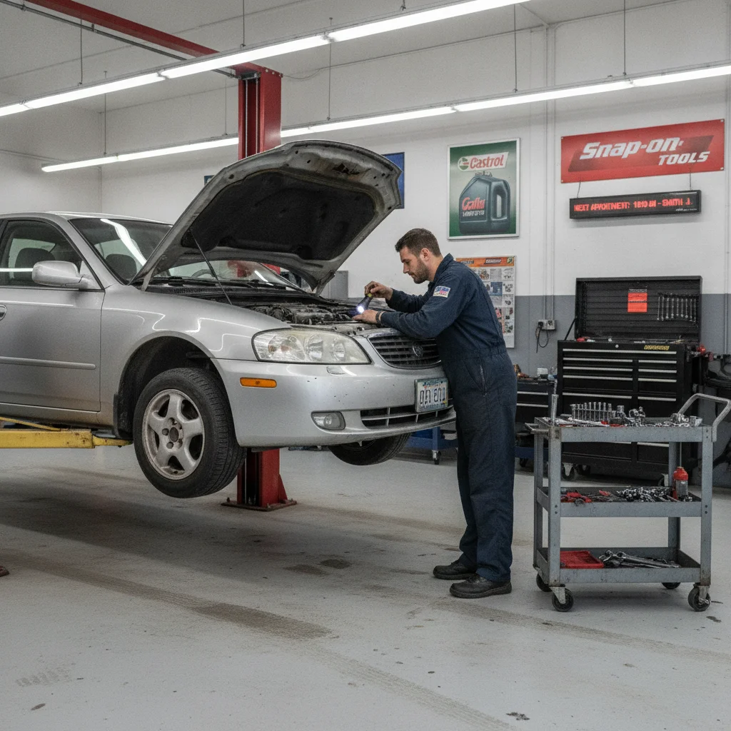 A mechanic performing a pre-purchase inspection on a used car elevated on a hydraulic lift in a repair shop.