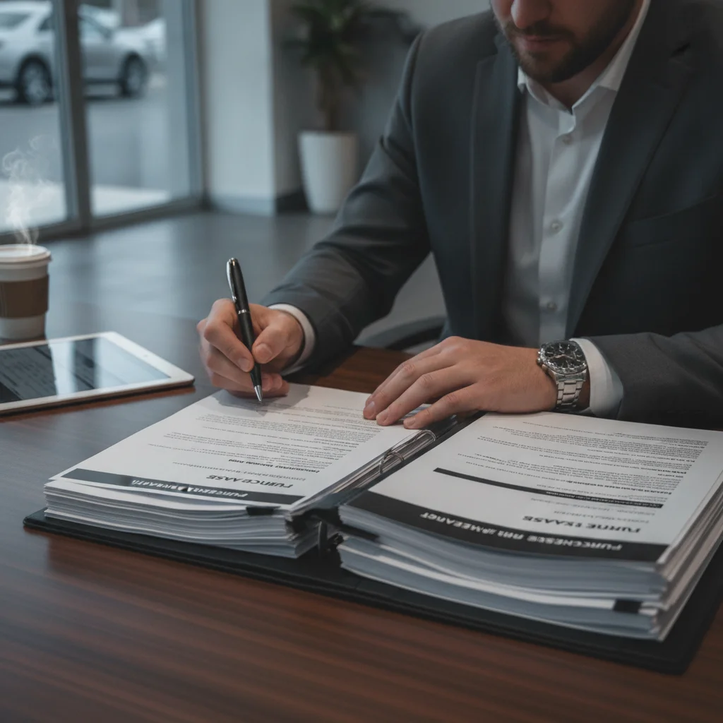 A car buyer reviewing purchase paperwork at a dealership desk with documents and a pen.