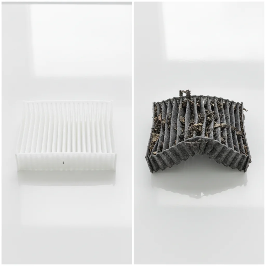 Side-by-side comparison of a new white cabin air filter and a heavily soiled dark gray used filter