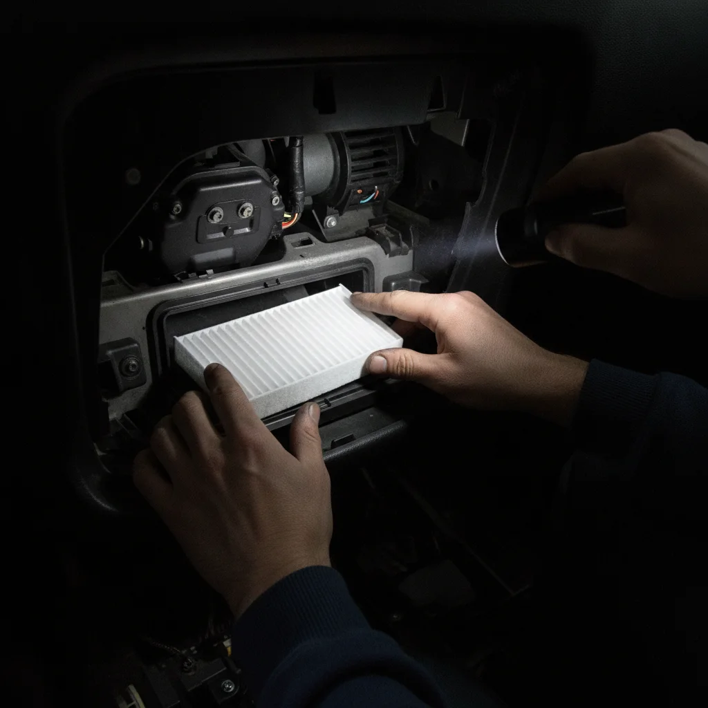 Hands sliding a new cabin air filter into a vehicle HVAC housing behind the glove box