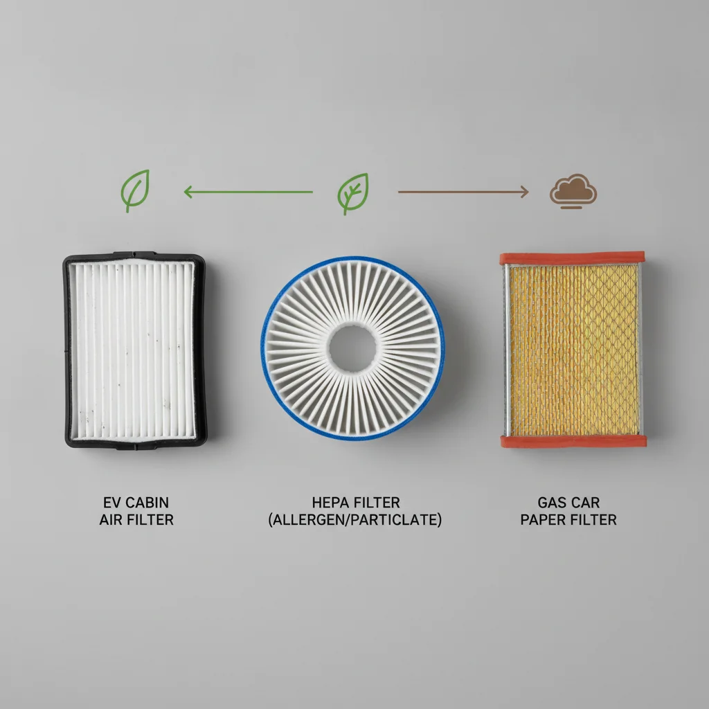 Flat lay comparison of three filter types including EV HEPA filter and standard gas car cabin air filter