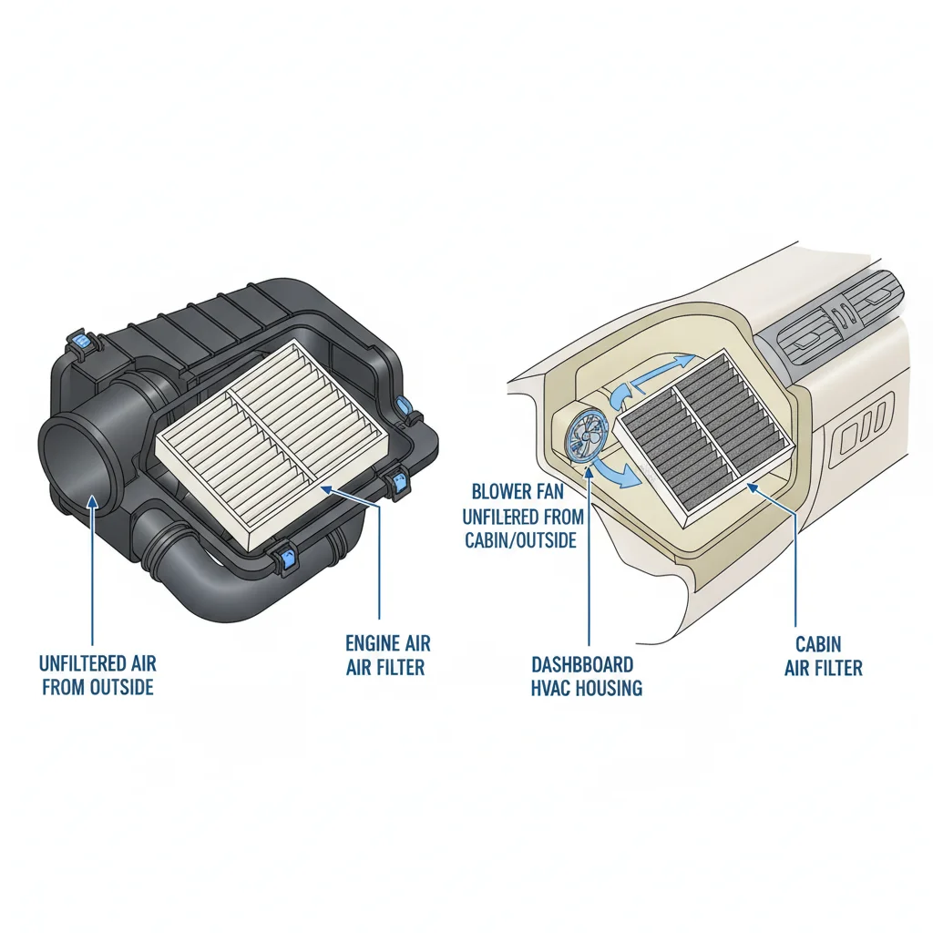 Diagram showing engine air filter in airbox and cabin air filter in dashboard housing with labels
