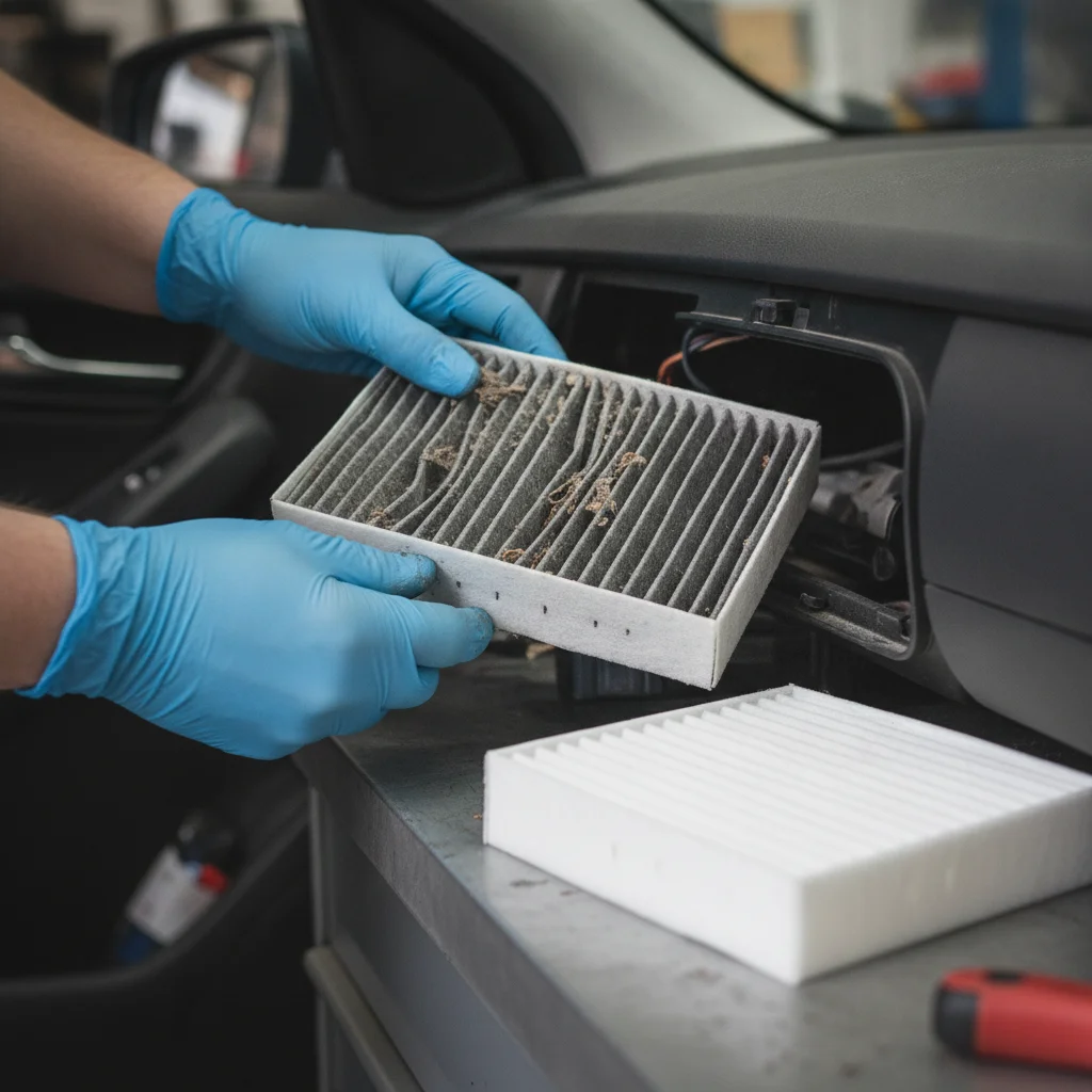 Hands removing old dirty cabin air filter from vehicle housing next to a clean replacement filter