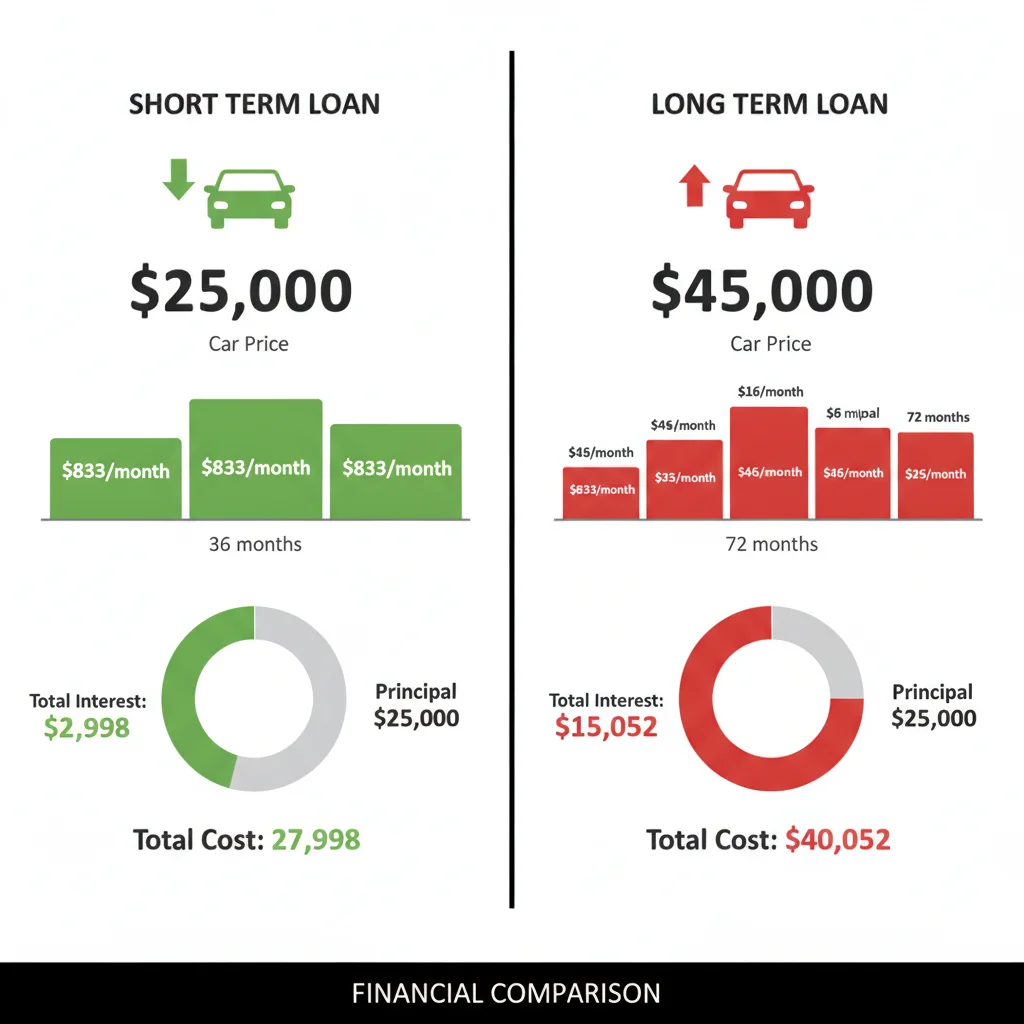 Side-by-side comparison of two car loan scenarios showing different total interest paid over different loan terms