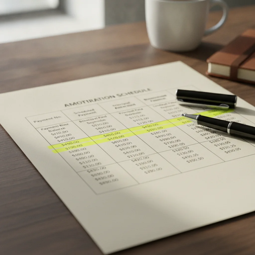 Printed amortization schedule with interest column highlighted showing how payments split between principal and interest