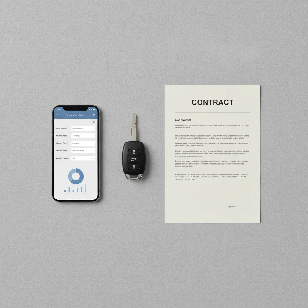 Car key, loan contract, and smartphone loan calculator displayed on a flat surface