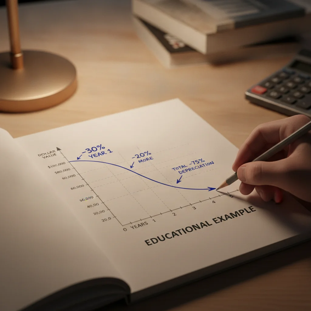 Hand-drawn depreciation curve on a notepad showing value loss over five years