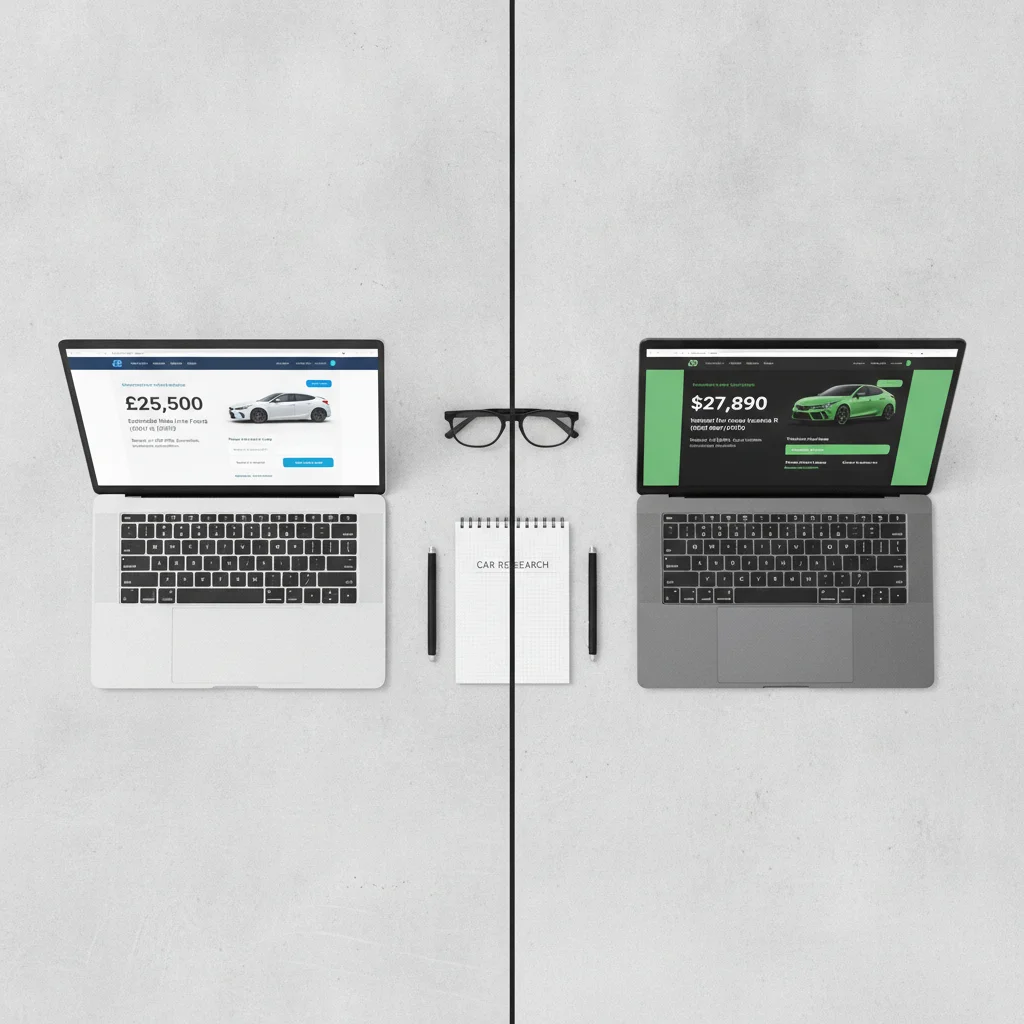 Two laptop screens displaying side-by-side car valuation tool estimates for comparison