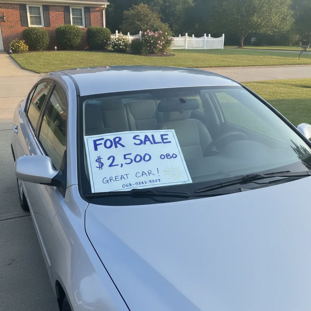For-sale sign with a handwritten price on a used car windshield in a residential driveway