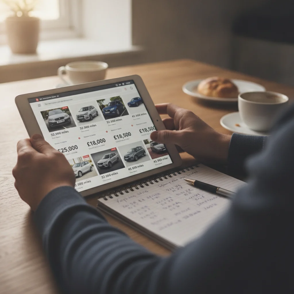 Hands holding a tablet showing car listings while a notepad with depreciation calculations sits nearby