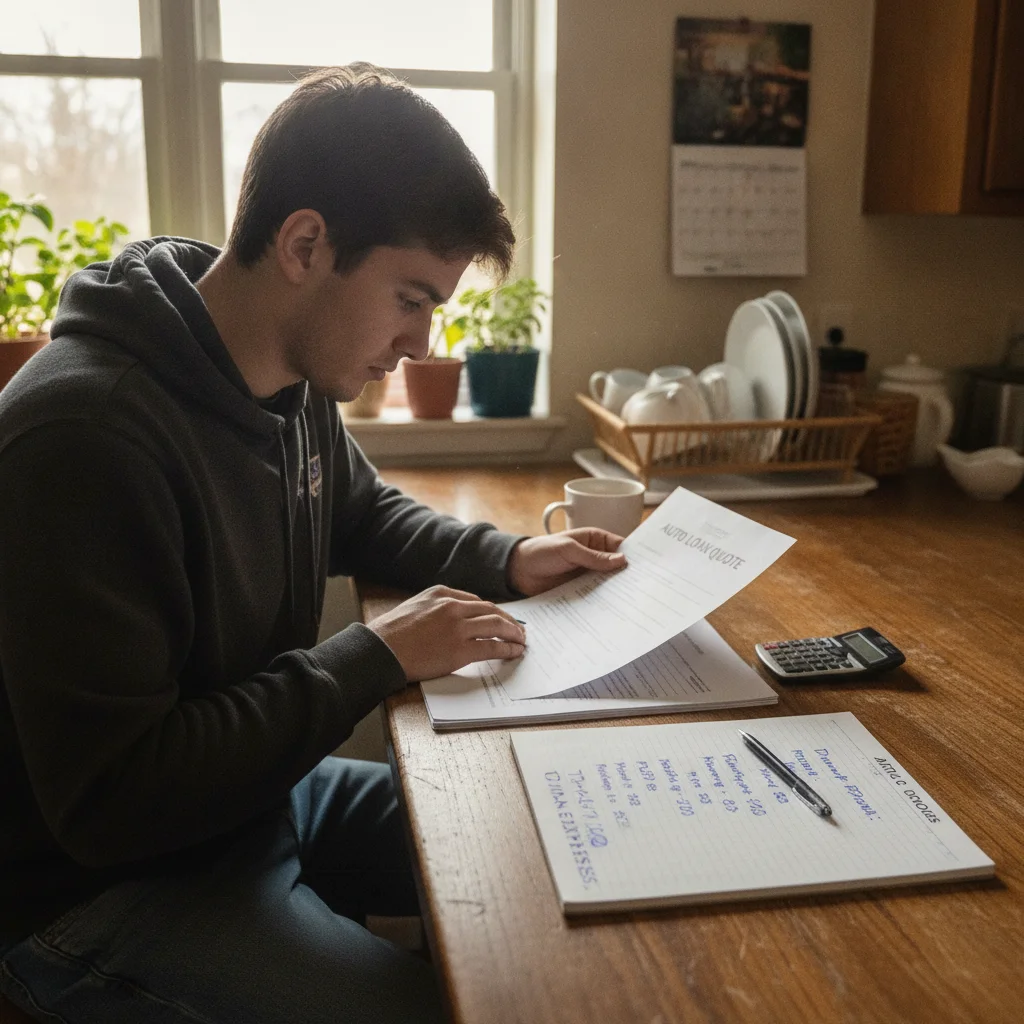 Car buyer comparing a loan payment quote to a detailed handwritten monthly budget at a kitchen table