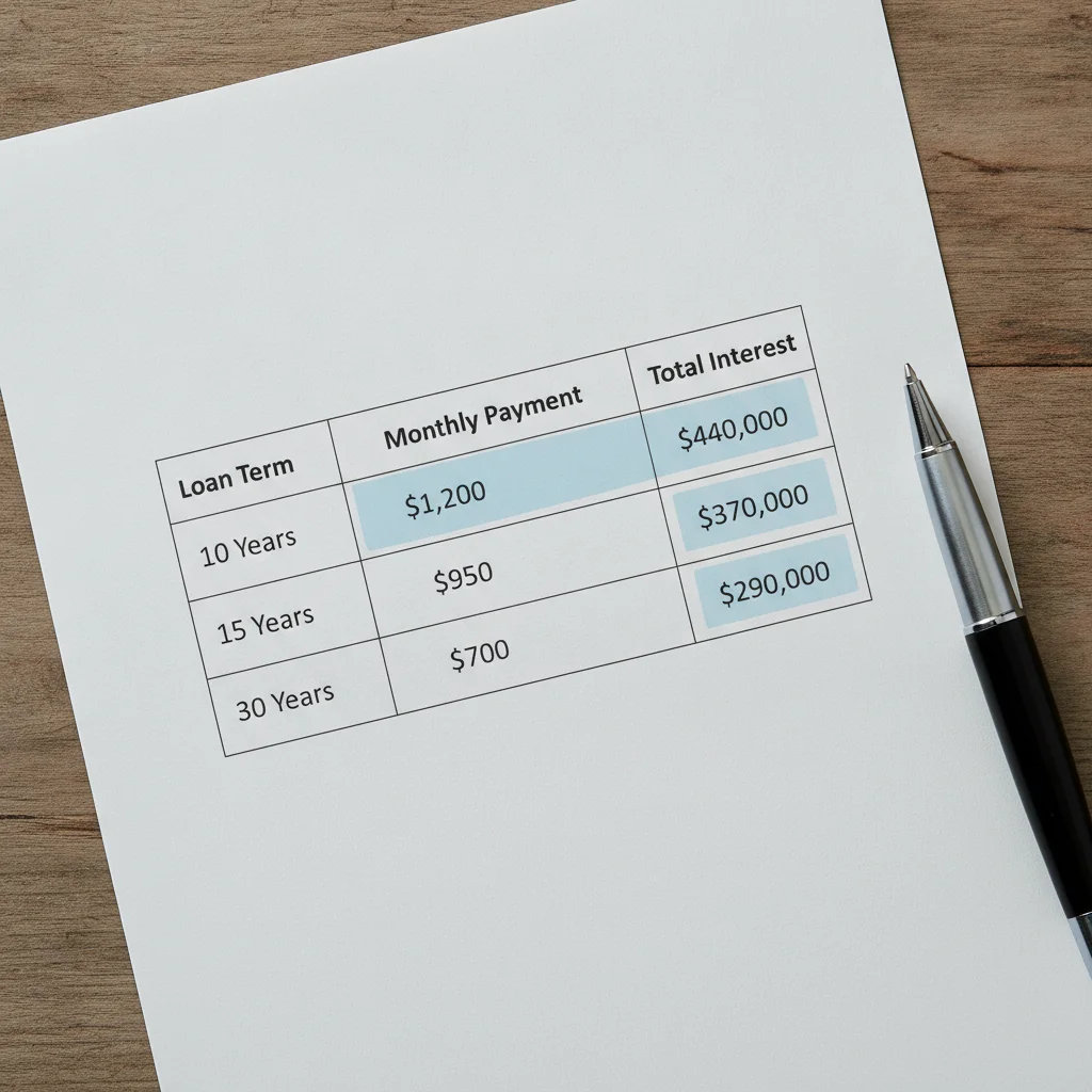 Printed loan term comparison table showing monthly payment and total interest across 48, 60, 72, and 84-month terms