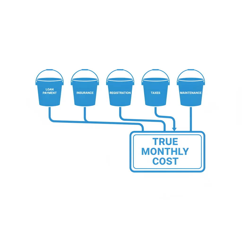 Illustration of five monthly cost components combining into a single true monthly auto ownership cost total
