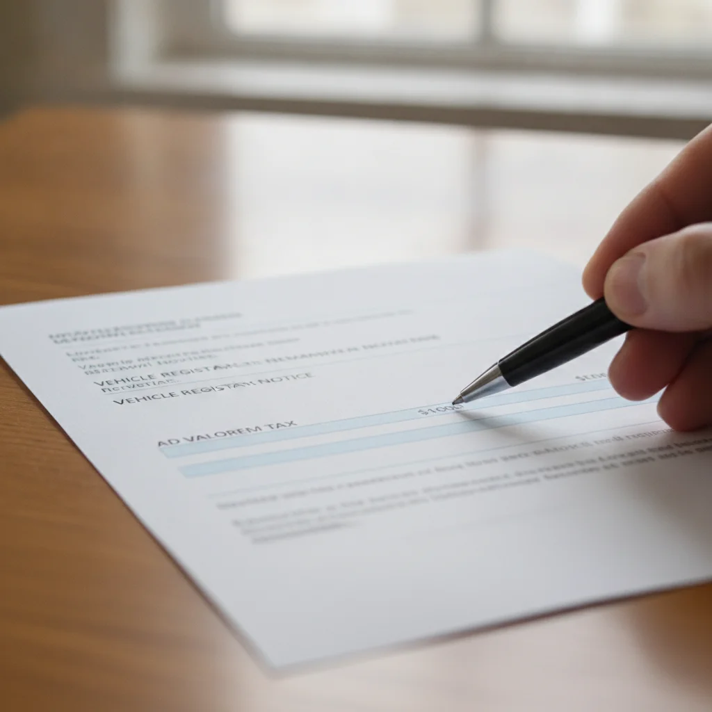 Vehicle registration renewal notice with ad valorem tax line item highlighted by a pen