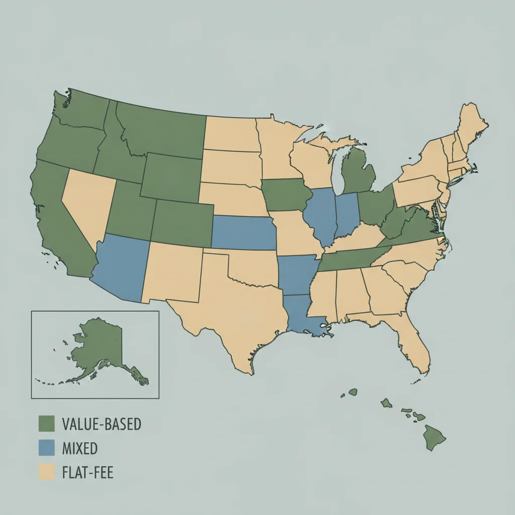 Color-coded map of the United States showing states with value-based, mixed, and flat-fee vehicle registration structures