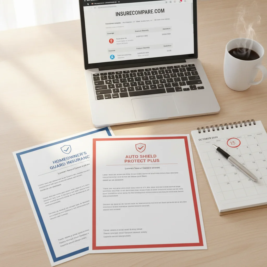 Two auto insurance policy documents laid side by side on a desk with a calendar and laptop showing insurance comparison