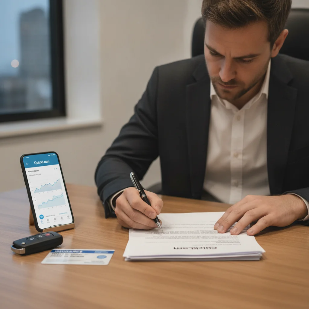 A person reviewing a car loan document alongside an auto insurance card and smartphone showing lender app