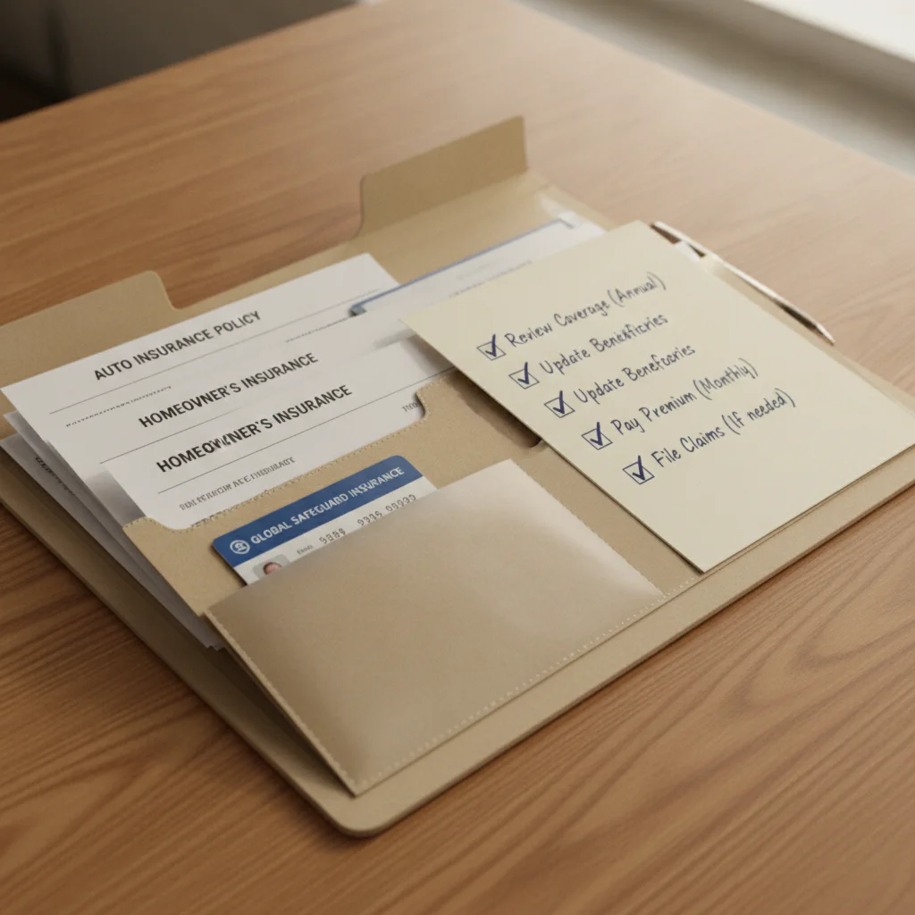 A folder containing printed auto insurance documents, an insurance ID card, and a coverage checklist on a desk