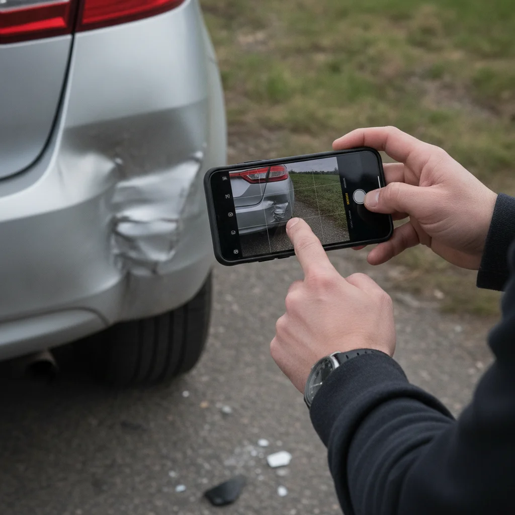 Person photographing vehicle damage with a smartphone at the scene of a car accident
