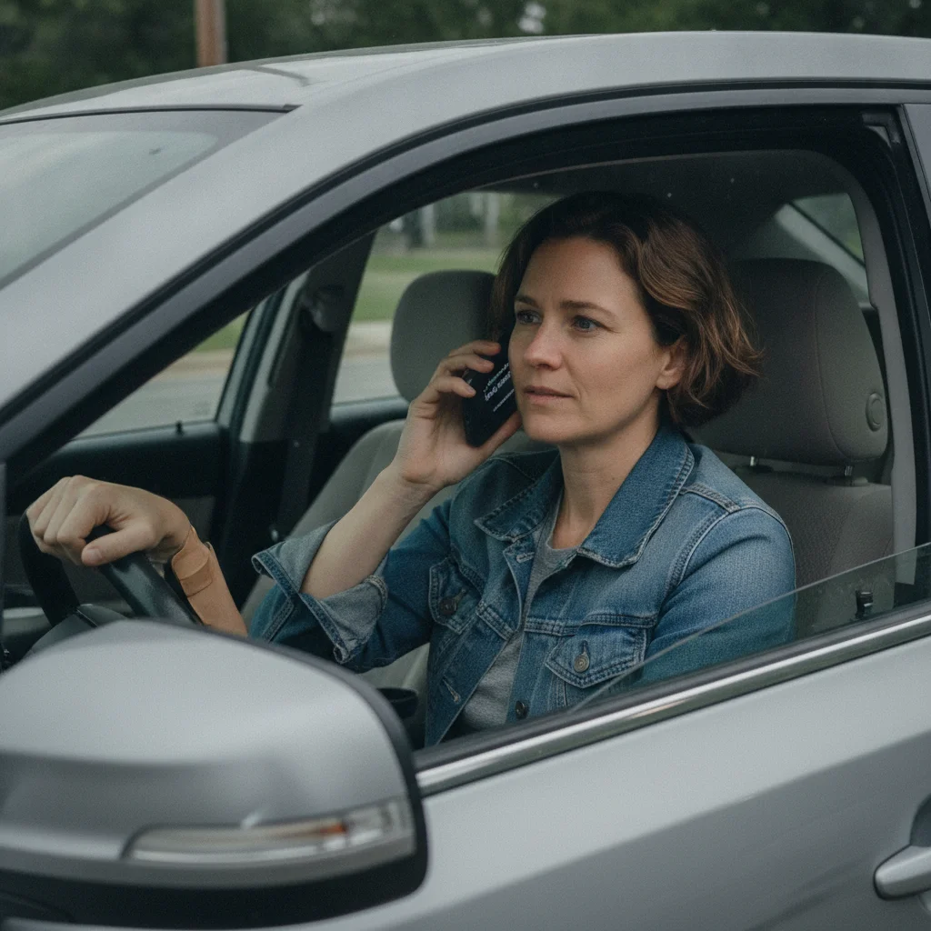 Driver sitting in parked car calmly speaking on a mobile phone to report an accident